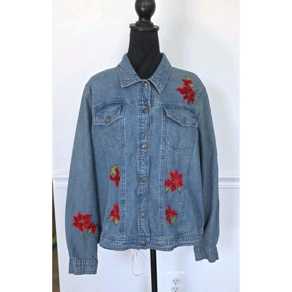 220 Hickory Denim Jacket XL Floral Embroidered Red Flowers 100% Cotton Jean